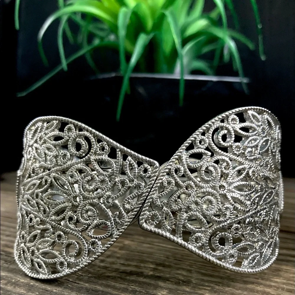 Vintage Filigree Open Work Silver Plate Hinge Cuff Bracelet Mid Century